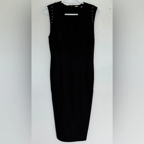Tahari Black Sheath Dress Size 4 Gold Button Sleeveless Stretch Midi - Picture 6 of 13
